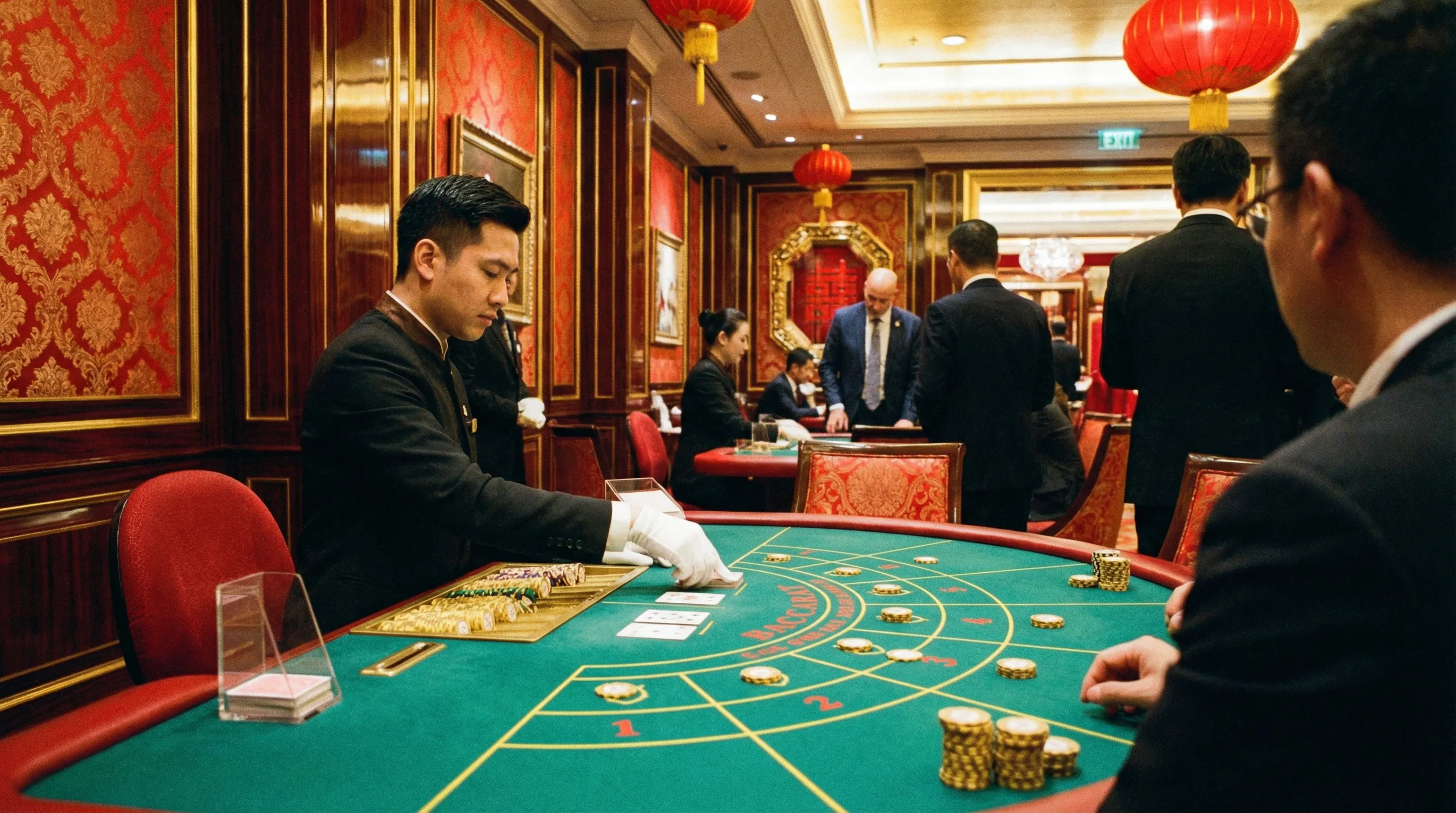 Mesa de bacará elegante com cartas sendo distribuídas