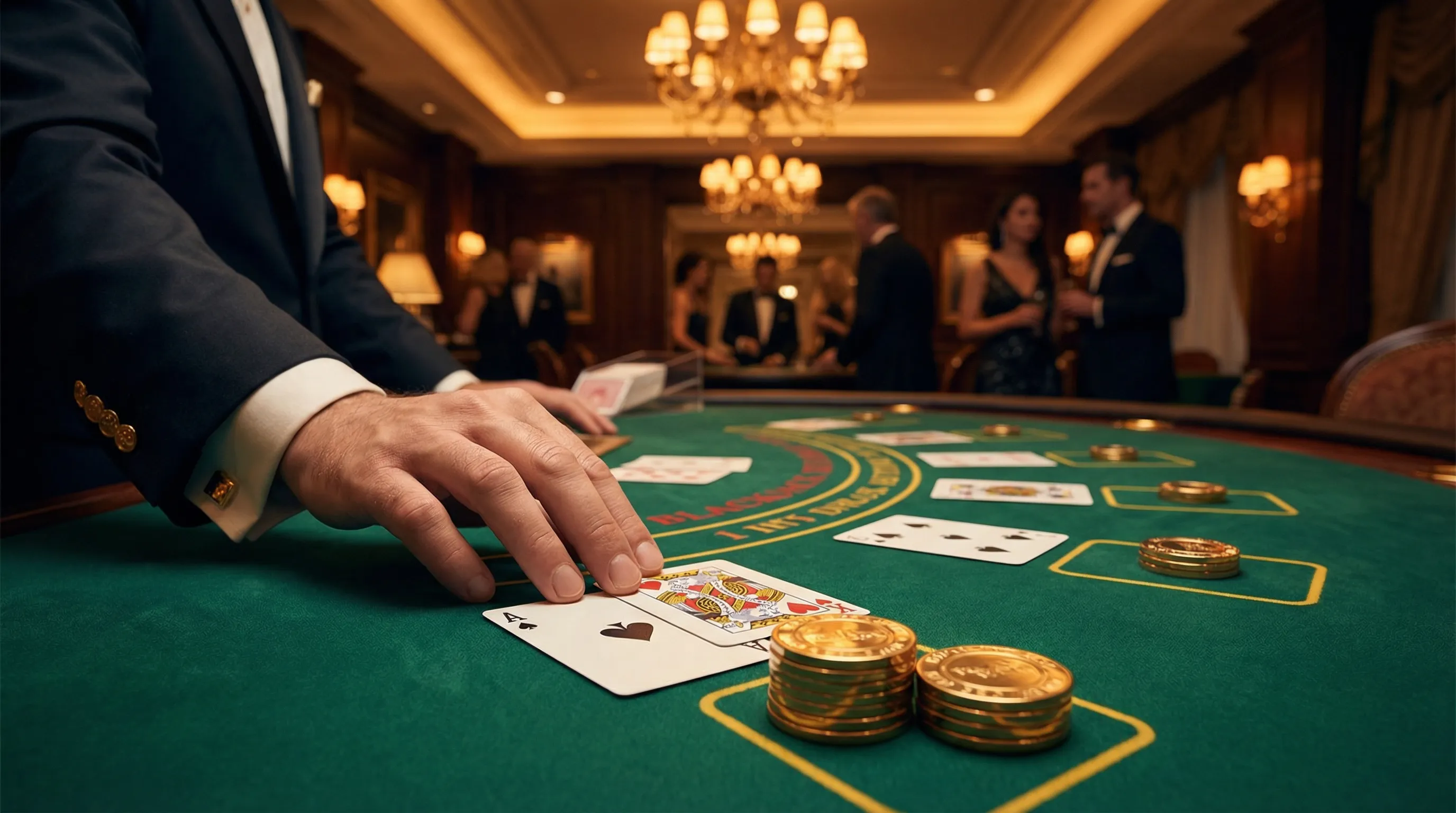 Mesa de blackjack com cartas e fichas douradas